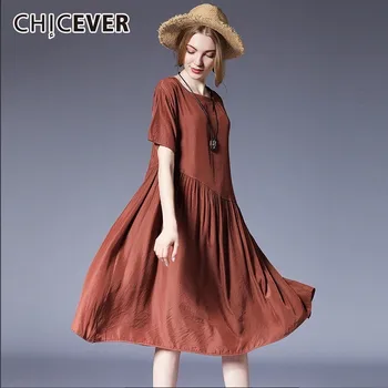 

CHICEVER 2020 Summer Dress Female O Neck Short Sleeve Loose Big Size Pleated Dresses For Women Summer Fashion Tide New