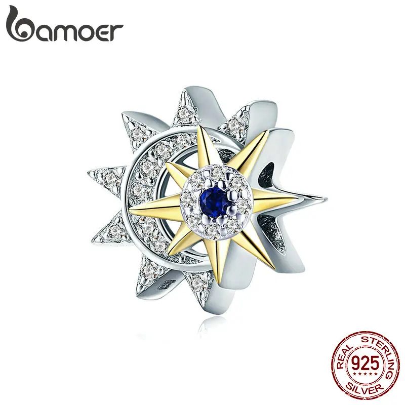 

BAMOER Genuine 925 Sterling Silver Sun Meet Moon Luminous CZ Beads Charms fit for Women Bracelets Luxury DIY Jewelry SCC1137