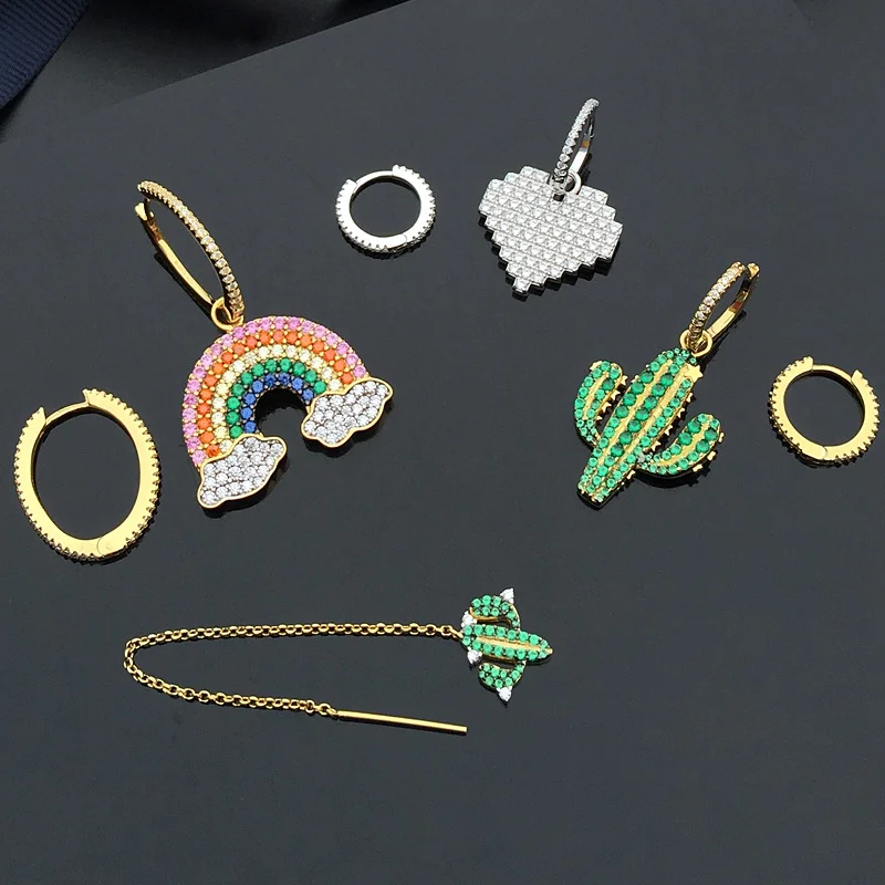 

New Pixel Love Heart Rainbow Cactus Cuff Earring Pure 925 Sterling Silver Zircon Charm Asymmetry Earring AMOUR Wedding Jewelry