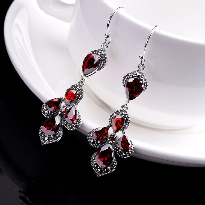 Authentic 925 Sterling Silver Earrings Jewellery Women Earings For Wedding Party Red Garnet Tassel Valentine Day Gift SE99