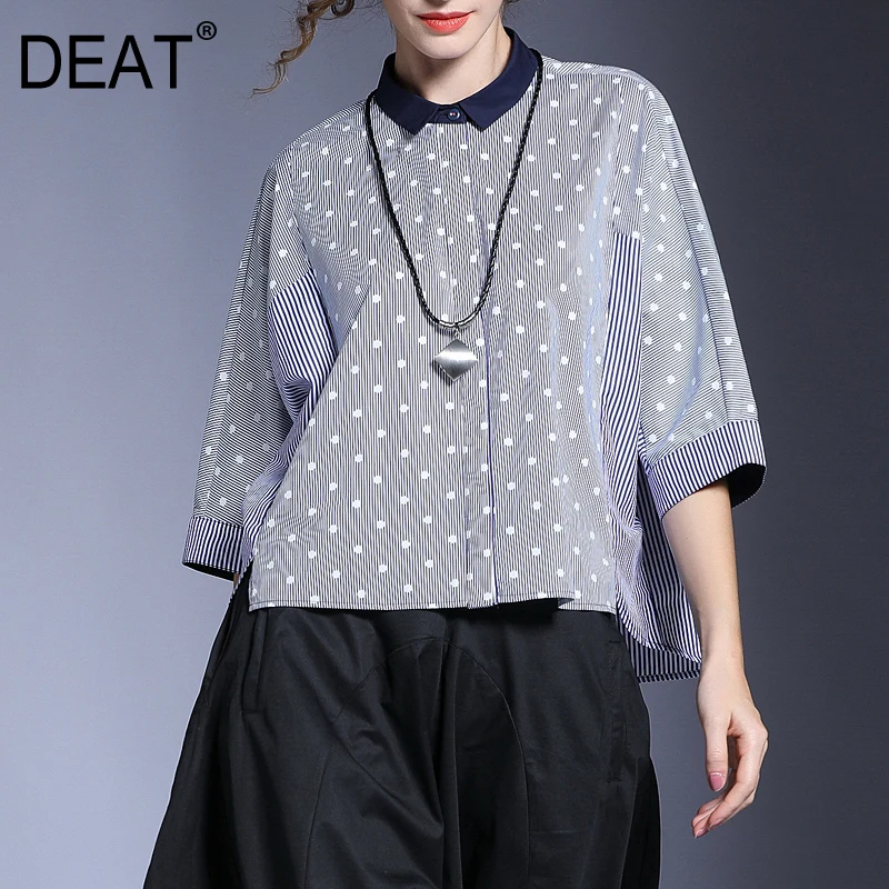 

[DEAT] 2019 New Autumn Winter Lapel Three-quarter Sleeve Blue Striped Stitch Loose Big Size Shirt Women Blouse Fashion Tide JL95