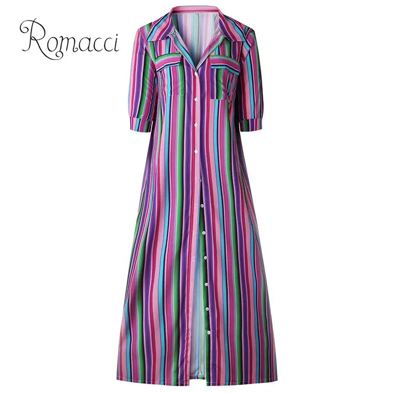 

Romacci Long Sleeve Striped Maxi Shirt Dress Women Turn Down Collar Button Oversize Long Shirt Dress Split Casual Maxi Dresses