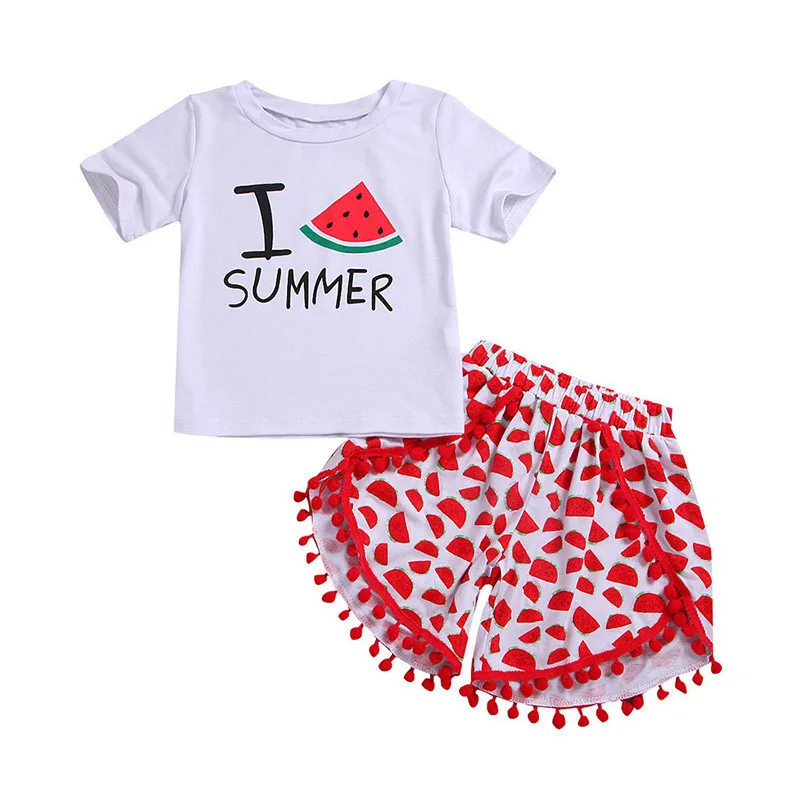 Kids Girls Summer Outfits Short-Sleeved I Love Summer Printed Tops T-Shirt+Watermelon Tassels Shorts 2Pcs Girl Sets Kids Girls Summer Outfits Short-Sleeved I Love Summer Printed Tops T-Shirt+Watermelon Tassels Shorts 2Pcs Girl Sets