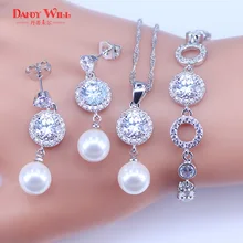 Серебро 925 Свадебные Ювелирные наборы жемчужные бусины для женщин Свадебные узел кольцо для серьг и ожерелья натуральный браслет из белого циркония набор