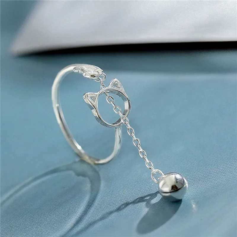 

Hollow Cat Open Ring For Women Jewelry Silver Chain Bell Pendant Rings For Women Cute Female Engagement Ring Wedding Promise Rin