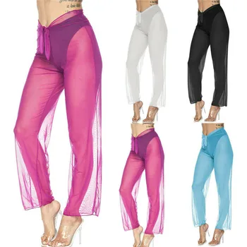 

Women Sexy Beach Mesh Sheer Bikini Cover Up Swimwear Bathing Pants Trousers High Waist See Through Wide Leg Pants Trousers New