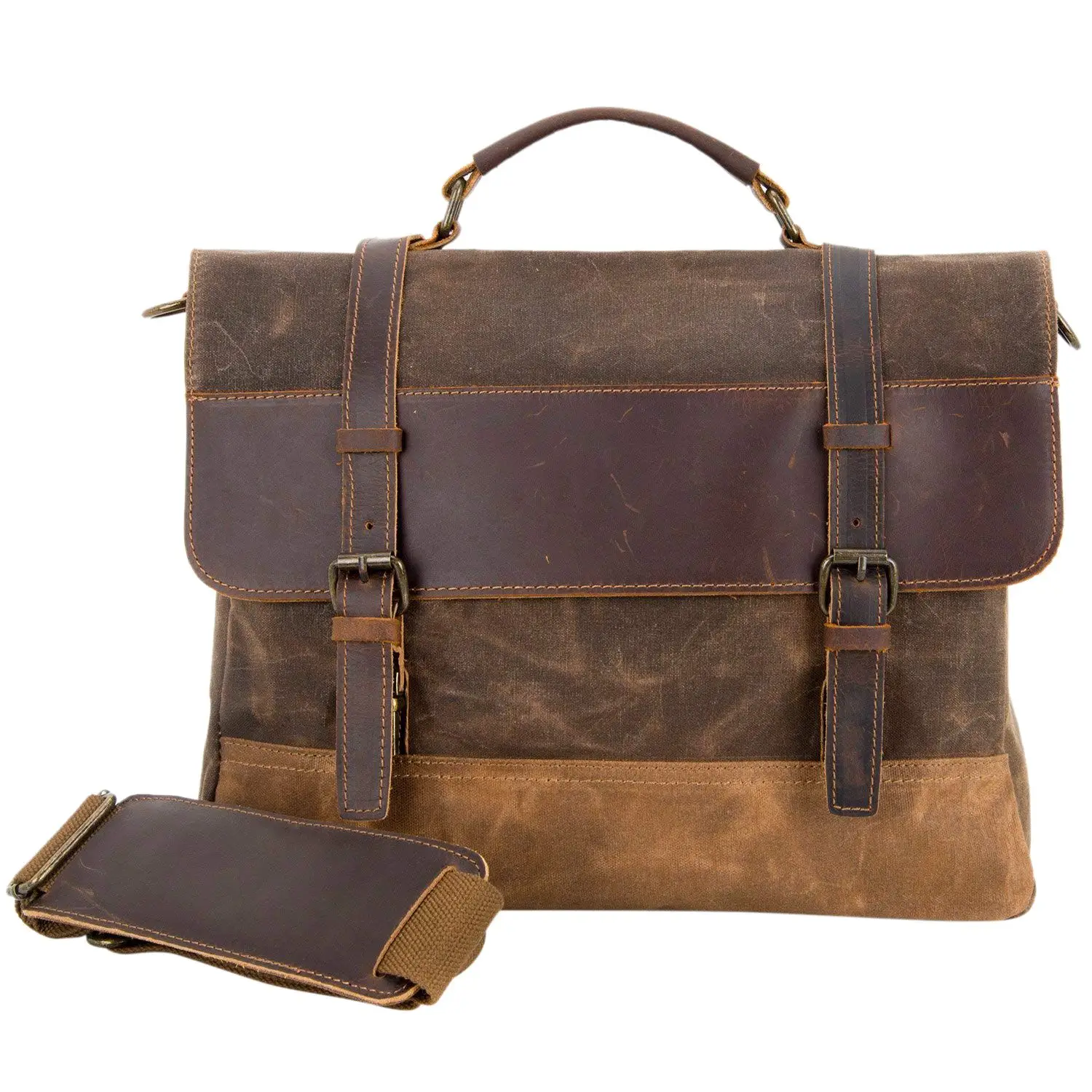 

TFTP-Waterproof Laptop Briefcase Waxed Canvas Genuine Leather Laptop Bag Coffee