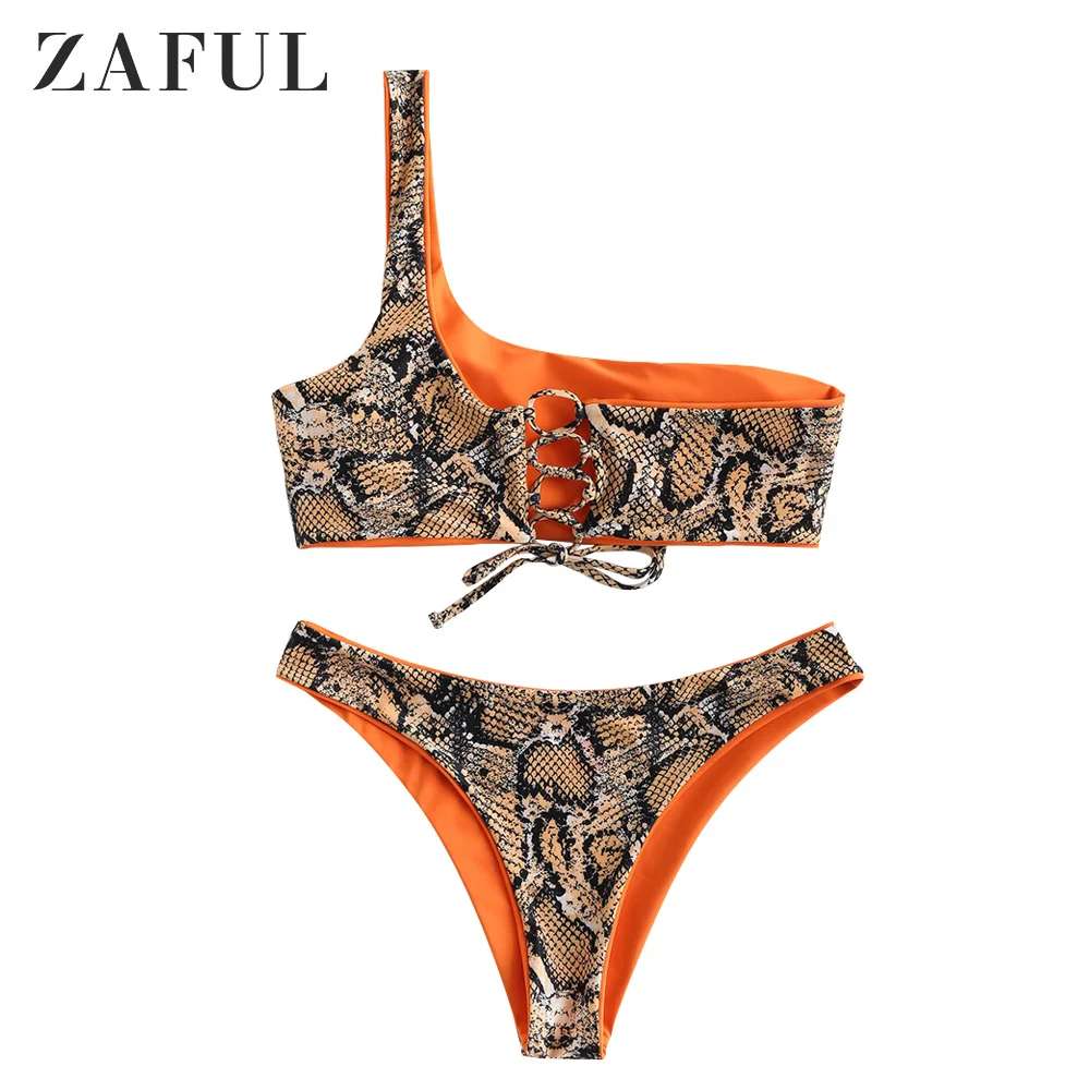

ZAFUL Snakeskin Print One Shoulder Reversible Bikini Set Sportswear Women Bikini 2019