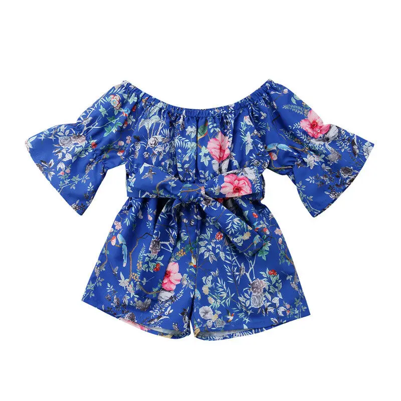 

2019 Hot Holiday Summer Kids Baby Girls Off Shoulders Floral Belt Romper Jumpsuit Shorts Playsuit Clothes Outfits 1PCS 1-5Y