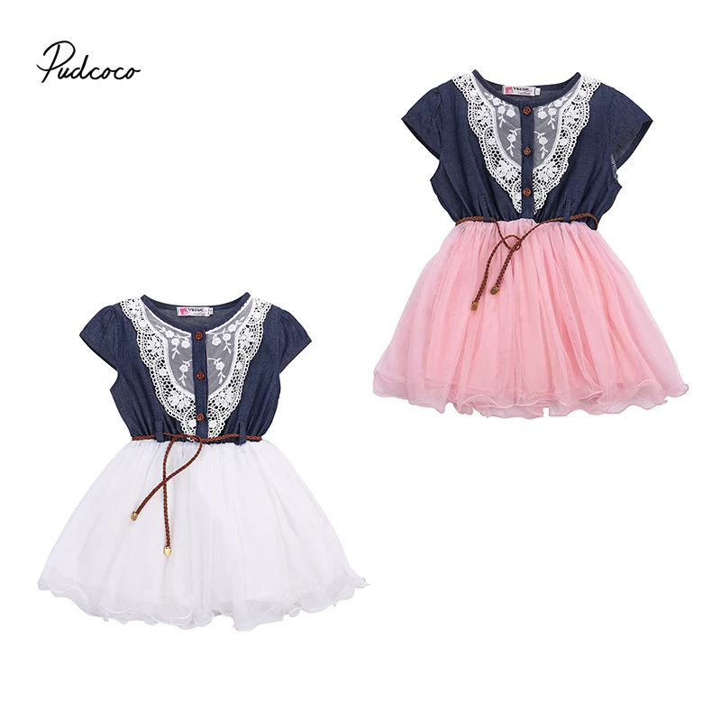 

Princess Girls Dress 2018 New Toddler Baby Kids Flower Lace Belt Denim Tulle Stitching Party Pegeant Prom Dresses Age 1-6Y