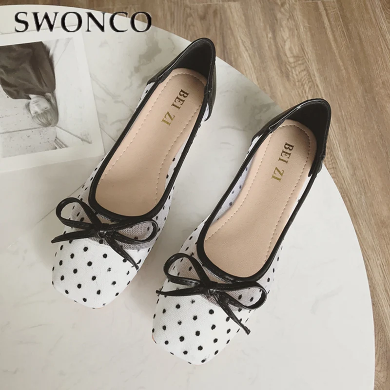 

SWONCO Mesh Air Sandals For Women Slip On Flasts 2019 Summer Casual Shoes Female Bow Flat Ballet Shoes For Female Polka Dot