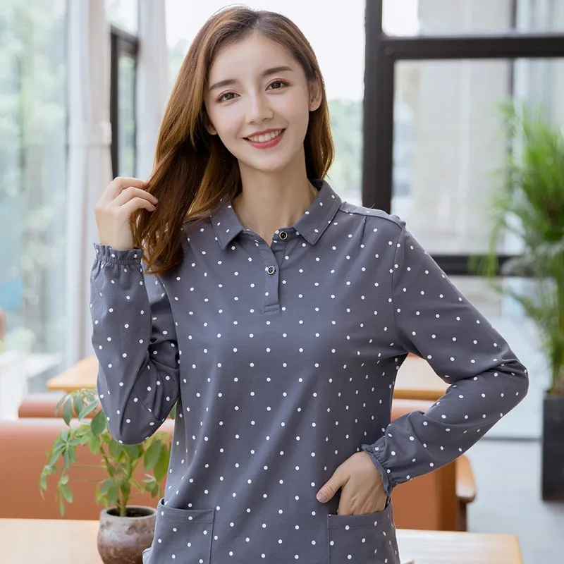 New Design Women Two Pockets Buttons Polka Dot Print Shirts Girls Casual Grey Turn Down Collar