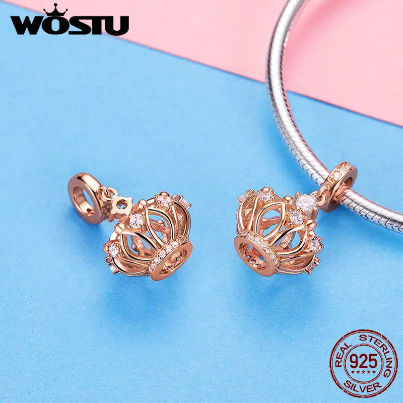 WOSTU, 925 пробы, серебряная Королевская корона, подвески из розового золота, CZ бисер, подходит для оригинального браслета, подвеска, Подвески для изготовления ювелирных изделий CQC1121