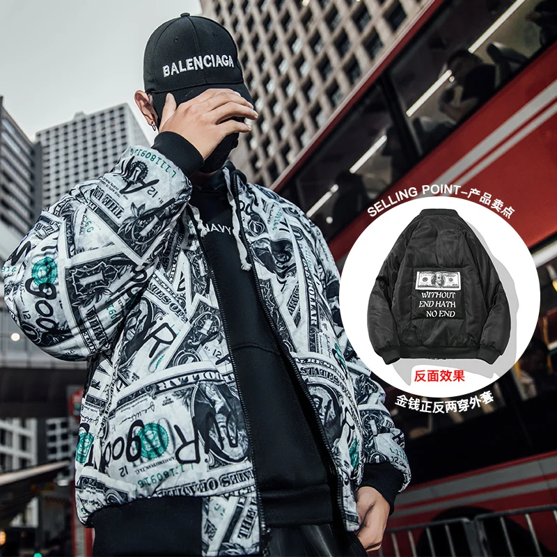 

18 New Pattern Trend Short Fund Both Sides Cotton-padded clothes Thickening Loose Hip-hop printing casual male Long sleeves Coat