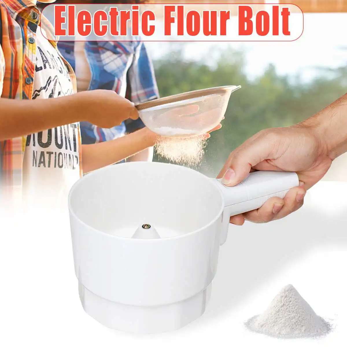 

Electric Flour Sieve Bolt Battery Operated Sifter Hand-Held Shaker Plastic Cup Shape Mechanical Flour Sieve Baking Tool White