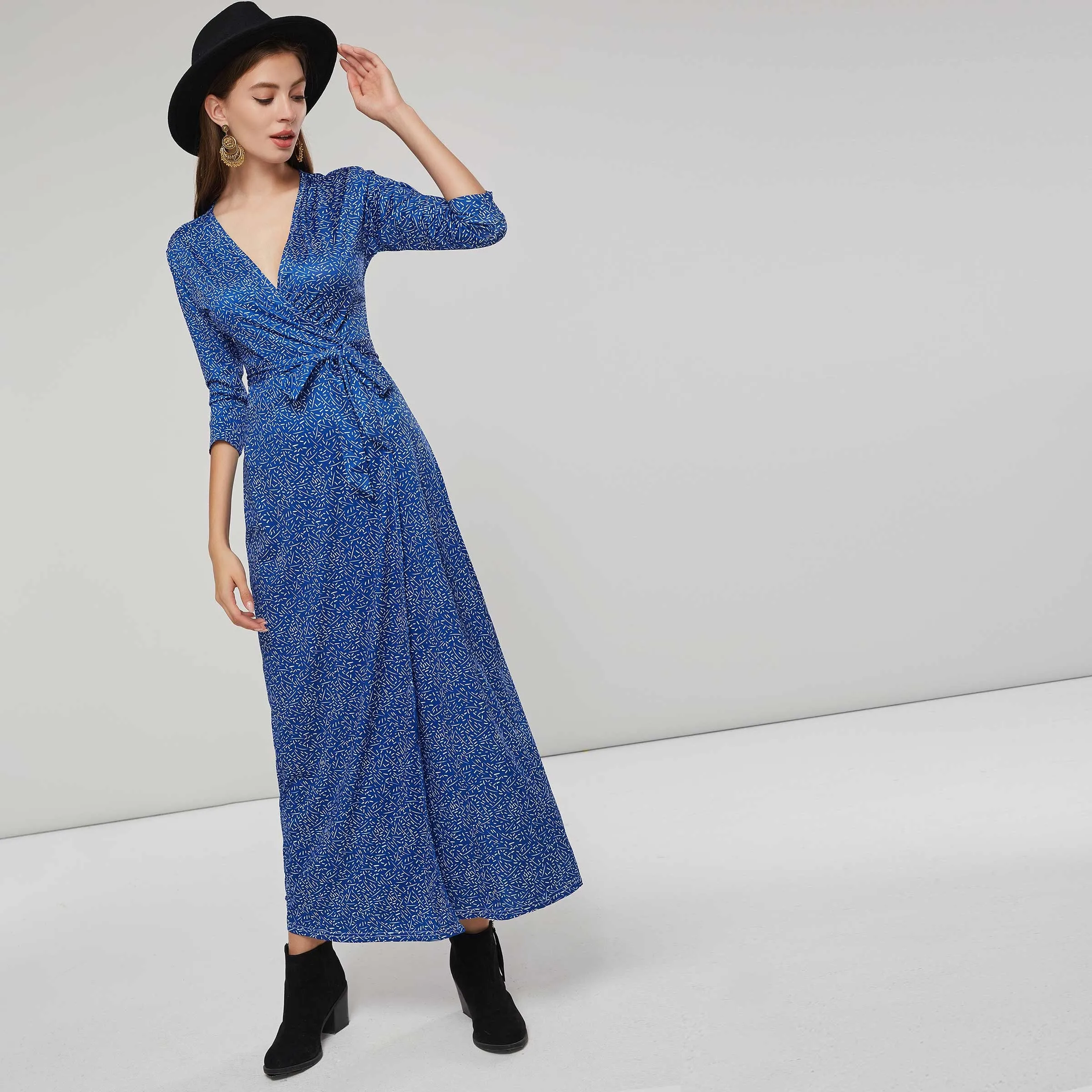 Для женщин макси платья Повседневное Boho синий прямой Высокая талия цветочный