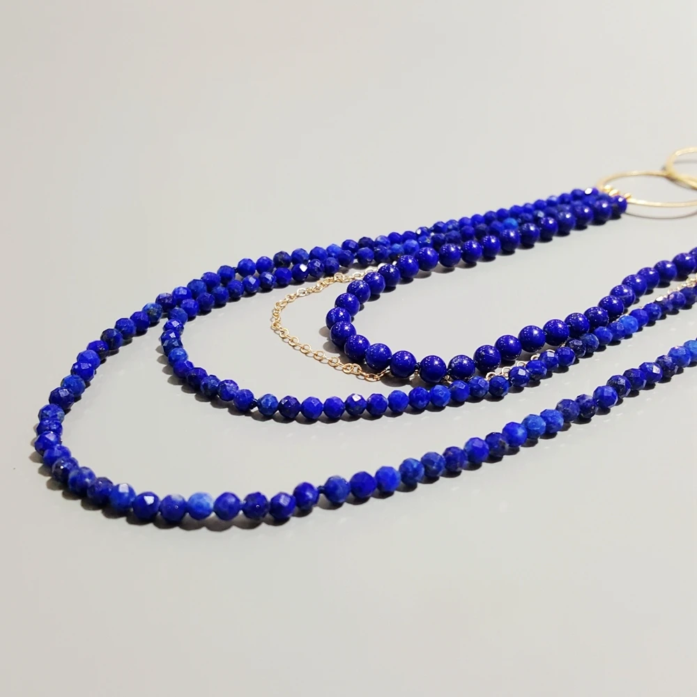 LiiJi Unique Natural Lapsi Lazuli Chain 925 Sterling Silver Gold color Double Circle 4 Rows Necklace Delicate Jewelry