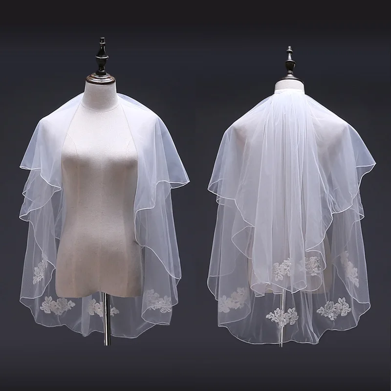 New Two Layer Short Bridal Veil Ivory Applique Finger Tip Wedding Veils with Comb Attached Handmade | Свадьбы и торжества