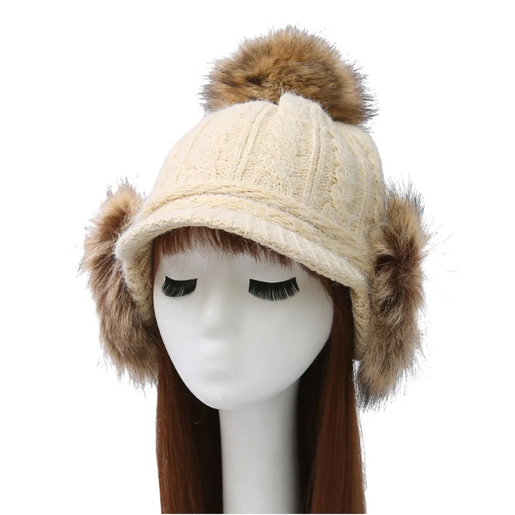 Plus Fluffy Bomber Hats Winter Fur Caps For Women Pompom Knitted Hats