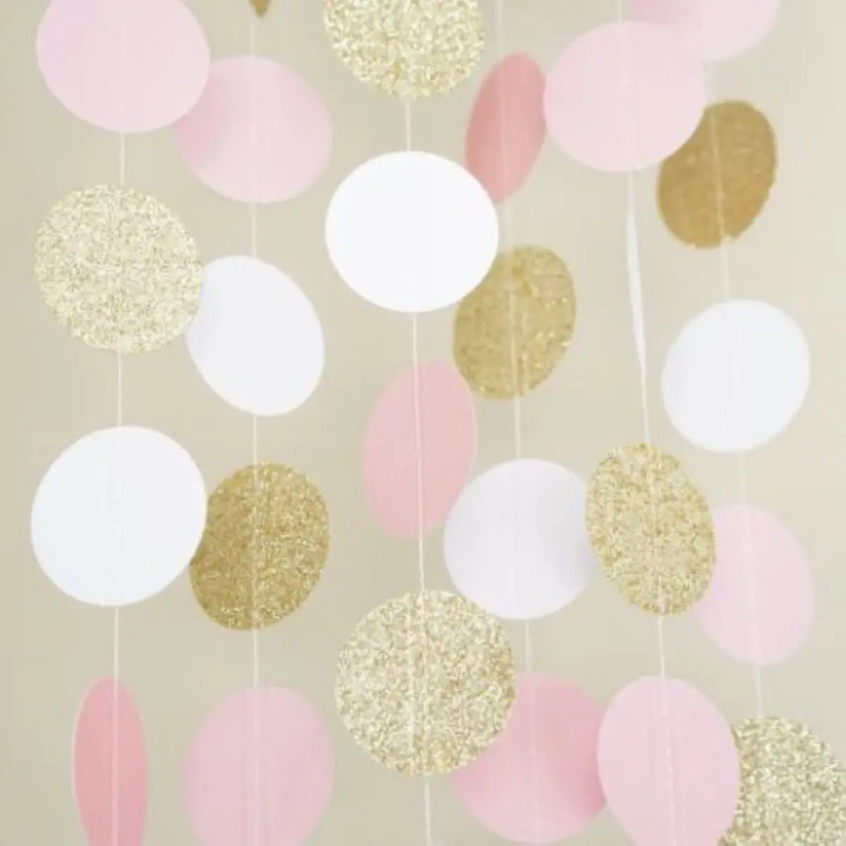 

Pink White & Gold Glitter Circle Polka Dots Paper Garland Banner 10FT DIY Decor