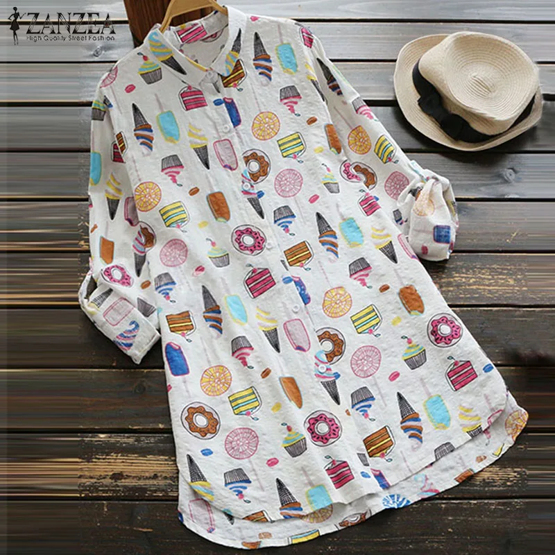2019 زائد حجم ZANZEA الخريف عارضة المرأة التلبيب كم طويل خمر الأزهار المطبوعة القطن الكتان فضفاض حزب بلوزة قميص Vestido