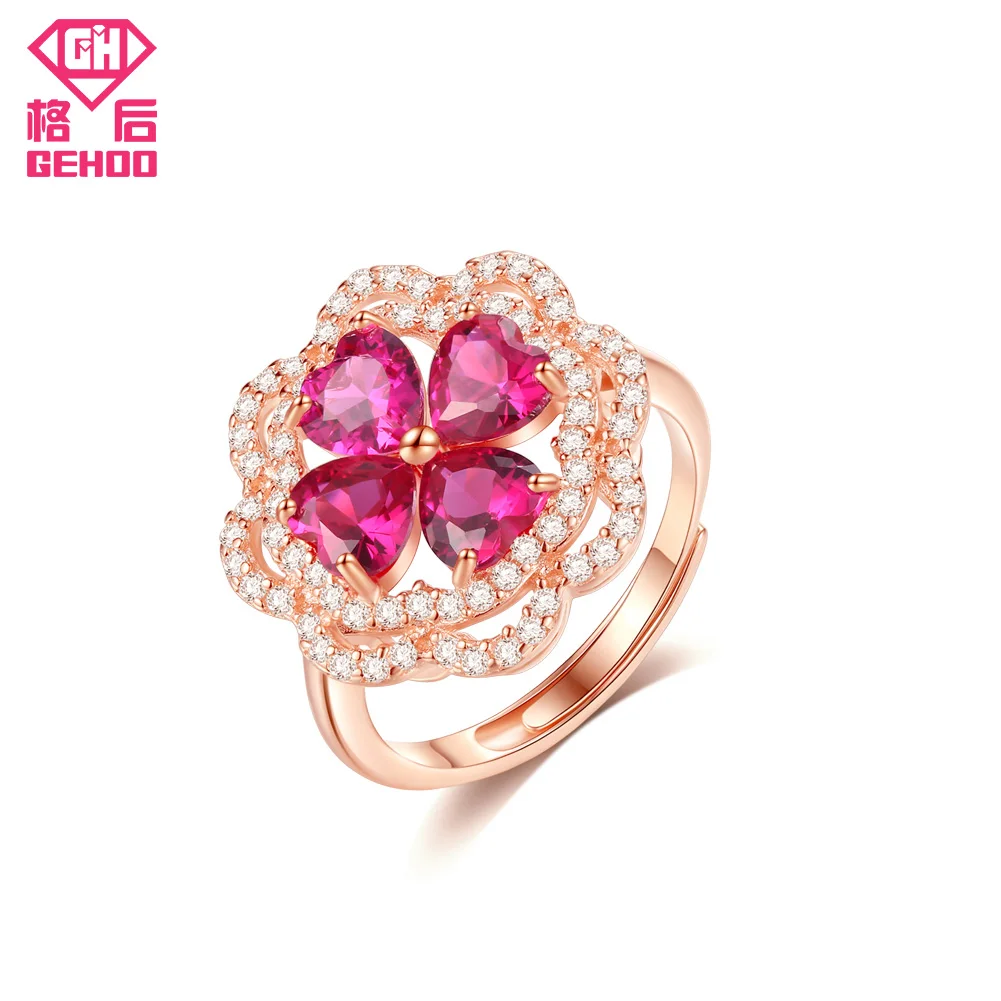 

GEHOO Red Ruby Gemstone Zircon Paved Flower Heart Shape 925 Sterling Silver Adjustable Charm Ring Women Wedding Jewelry Gift