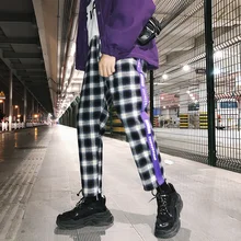 Мужские брюки 19 Весна новые свободные клетчатые брюки молодежные Популярные луч ноги девять брюки Красный Фиолетовый Молодежная повседневная мужская одежда