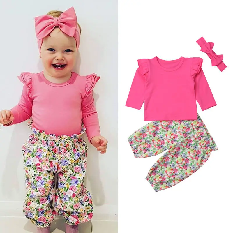 

2019 Newest Style Newborn Baby Kids Girls 3PCS Long Sleeves Top Shirt+Foral Trousers+Headband Clothes Outfits Set 0-4T
