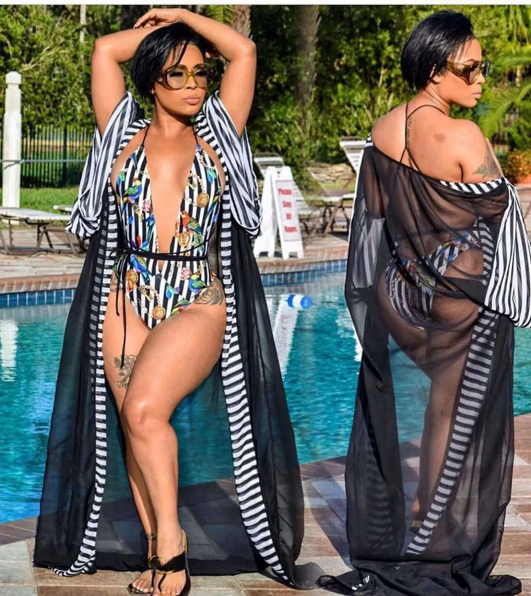 

Beach Women Sexy 2 Piece Set Print Striped X-Long Lace Loose Coat V-Neck Strapless Bodysuits Set
