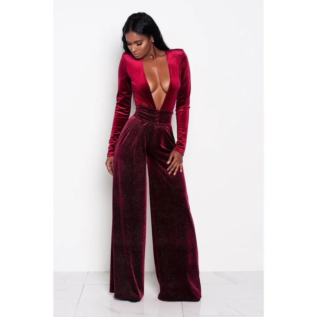 

Women Autumn Winter Sexy V-neck Velour Jumpsuit Club Long Sleeve Rompers Elegant Party Overalls Jumpsuit