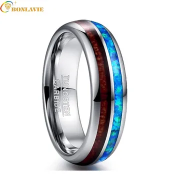 

Vintage Men Ring 2019 Dome Polished Inlaid Blue Opal Acacia Wood Tungsten Steel Ring For Men Wedding Jewelry
