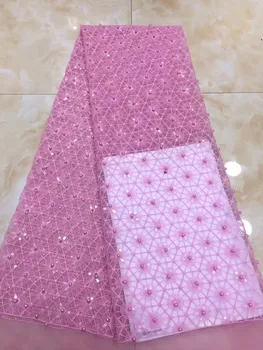 

African Lace Fabric With pink Sequins 2019 Latest Sequin Fabric High Quality Tulle beads Lace Fabric For Evening Dresses
