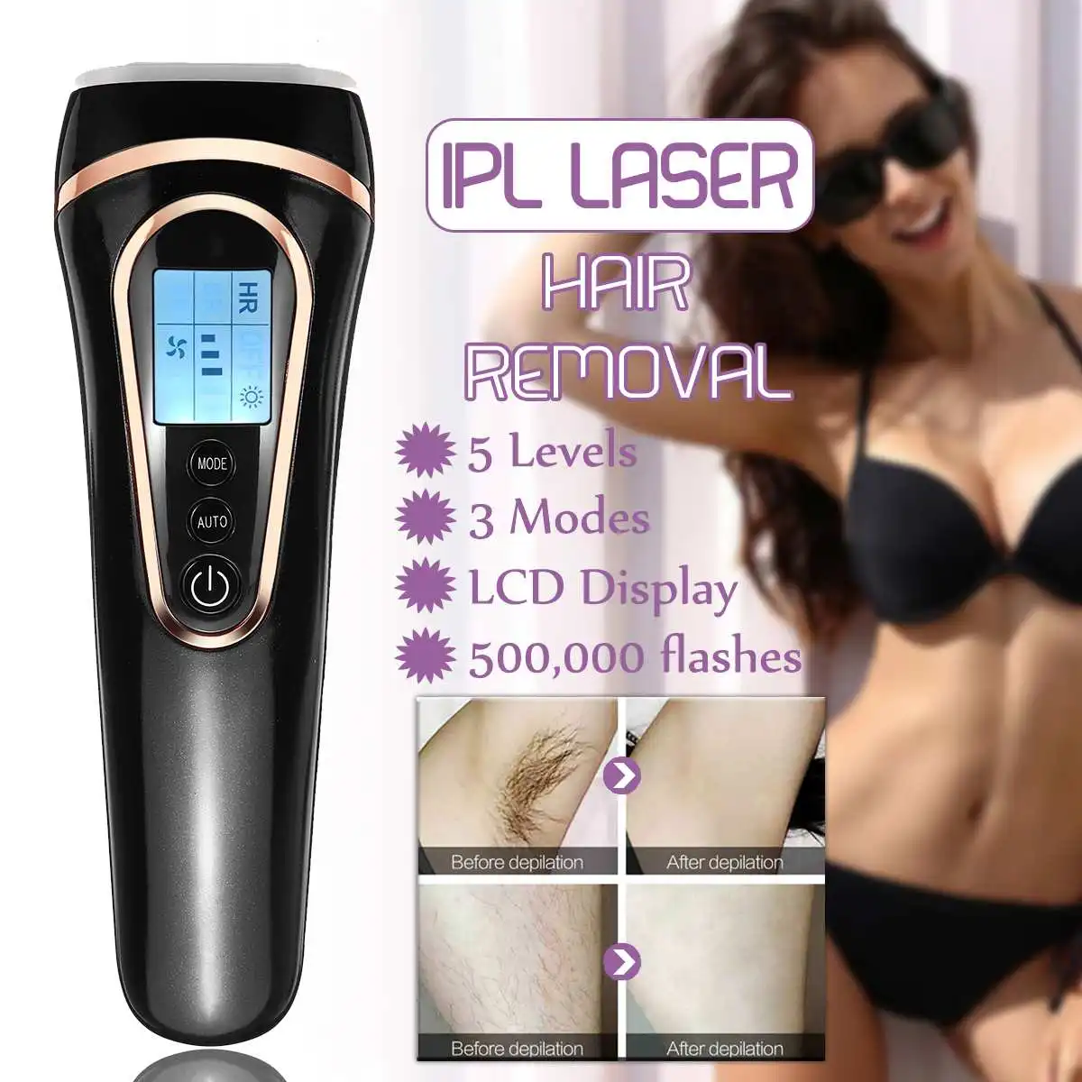

5 Levels 500000 Pulsed IPL Laser Permanent laser Epilator Armpit Hair Removal Machine LCD Display Bikini Body Leg Hair Trimmer