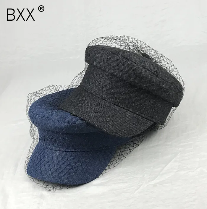 

[BXX] 2019 Spring Summer New Temperament Stylish Black Blue Color Foldable Spliced Mesh Denim Berets Hat All Match LM631