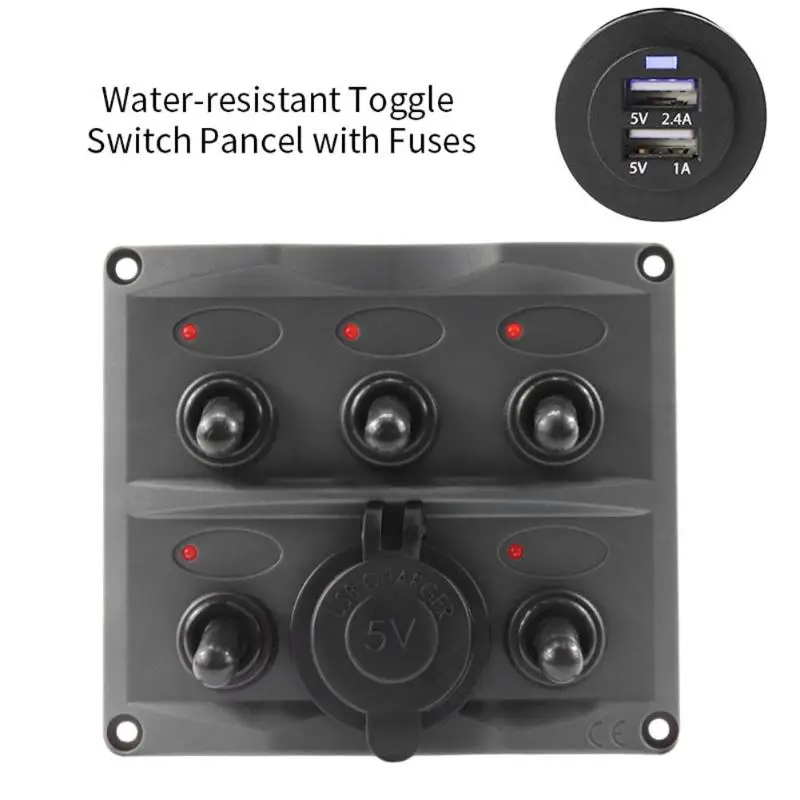 

IP66 Waterproof 12V/24V LED Car Boat Marine RV 5-Gang ON/OFF Toggle Switch Panel Dual USB 5V 3.4A Charger Car Accessories