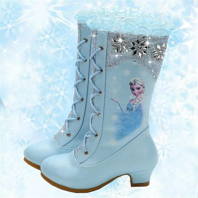 Disney automne et hiver nouvelles bottes hautes filles princesse à talons hauts enfants paillettes bottes de neige bottes congelées