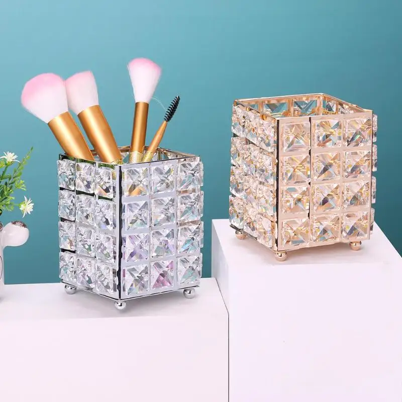 

European Elegant Metal Crystal Makeup Brushes Storage Tube Eyebrow Pencil Cosmetic Pens Holder Desktop Jewelry Box Organizer