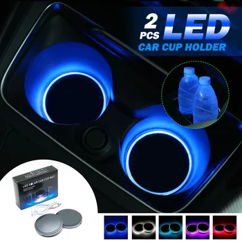 

2pcs Universal Car Cup Holder Bottom Mat Water Drinking Holder Organizer Pad USB LED Sensor Atmosphere Lights Cover Lamp