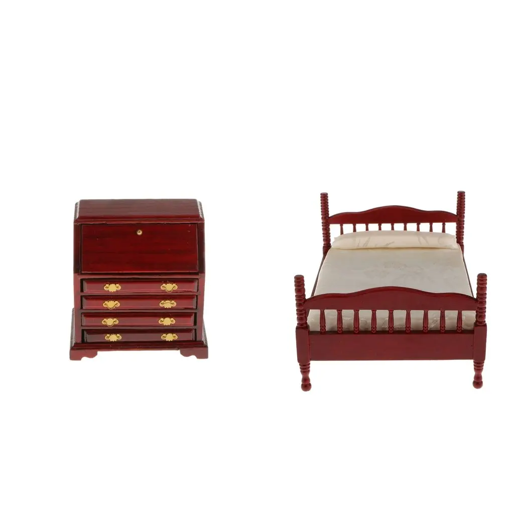  1:12 Scale Dollhouse Furniture Wooden Bed Cabinet Miniature Doll House Accessories Toys Birthday Gi
