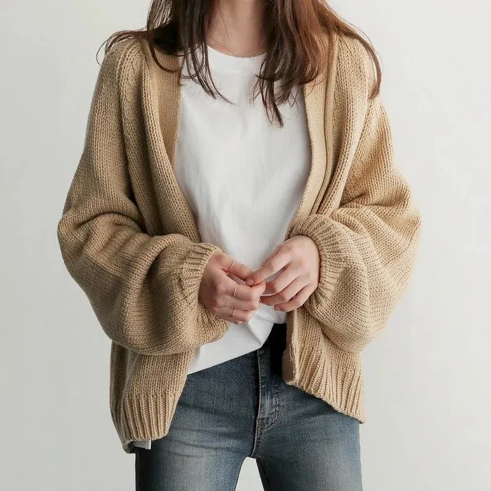 

Autumn Winter V-Neck Knitted Cardigans Women Open Front Loose Sweater Casual Lantern Sleeve Solid Outerwear