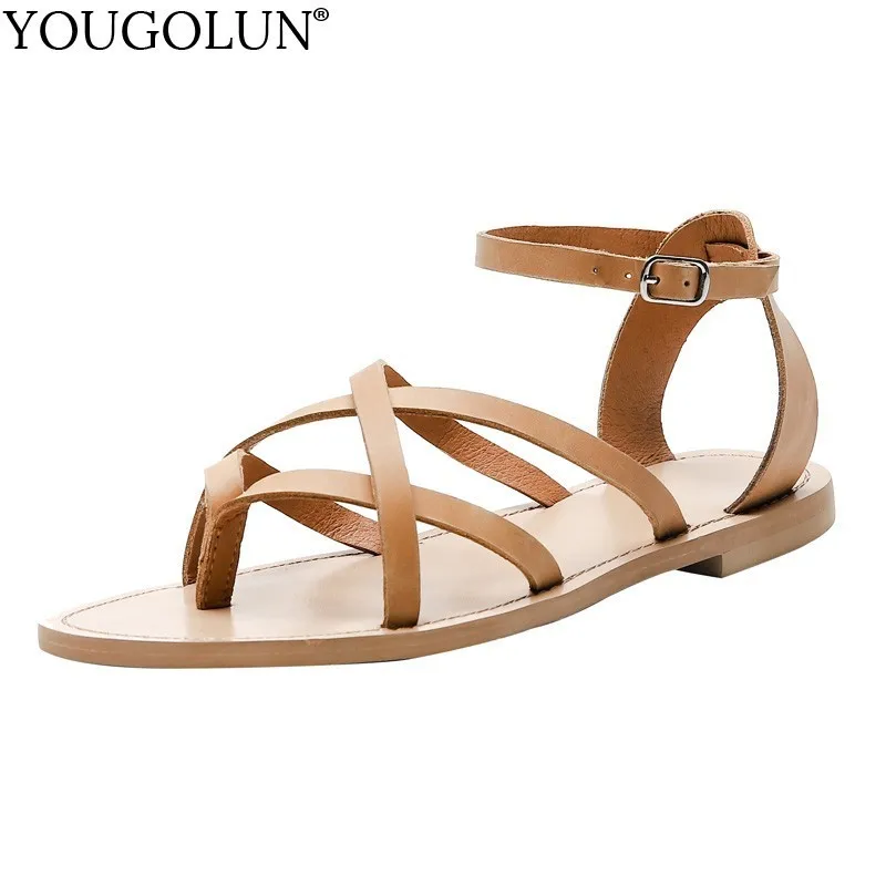 

Women Flat Sandals Cow Leather New Arrived Lady Summer Clip Toe Casual Shoes Fashion WomansRed Black Khaki Sandal YOUGOLUN A091