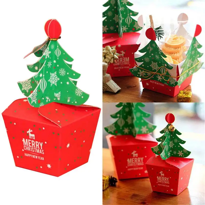 

Christmas Tree Packing Box Cupcakes Dessert Cookies Candy Gift Apple Box with Bells Golden Cord