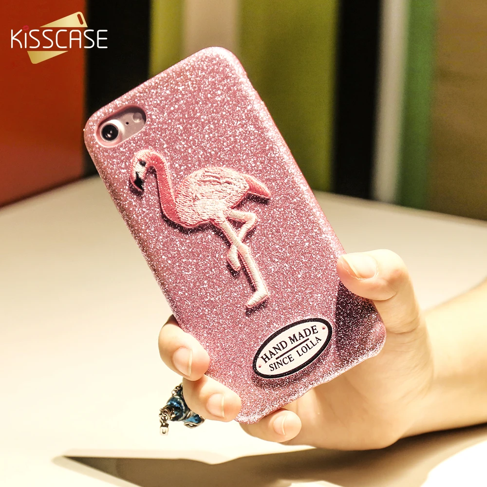 KISSCASE Soft PC Flamingo Pattern Case For iPhone 7 8 6 6S Plus Embroidery Phone Cover Fundas |