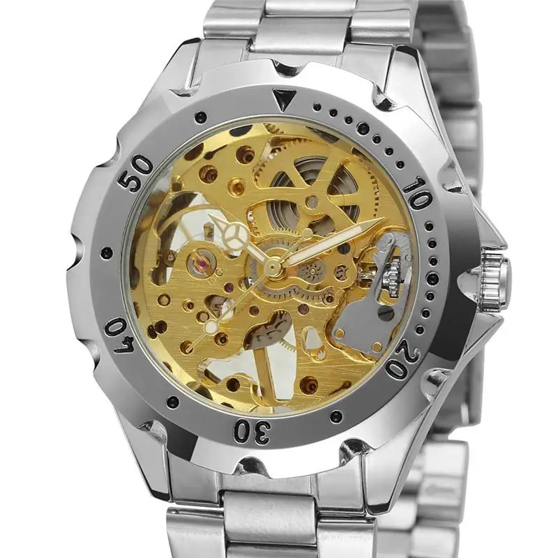 

Forsining Wristwatch Golden Racing Sport Waterproof Watches Men's Mechanical Hand Wind Watch Silver Stainless Steel