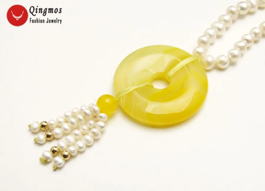 Qingmos Natural White Pearl Necklace for Women with 6-7mm Round &amp 40mm Yellow Donuts Shape Agates Pendant Jewelry | Украшения и