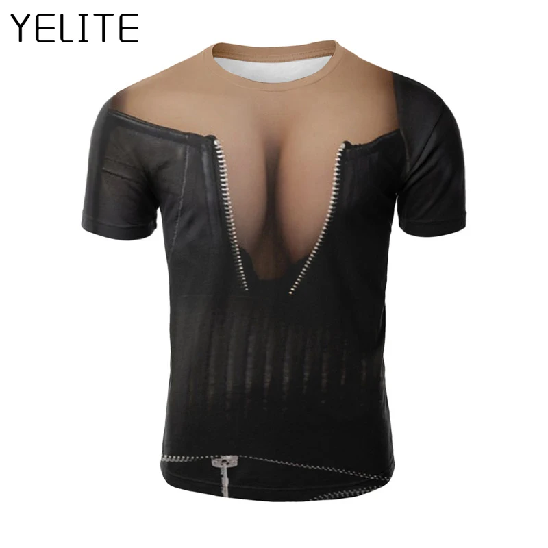 

YELITE New 2019 Fashion 3D Funny Print Short Sleeve O-Neck Fake Naked Big Chest Bra T-Shirt Tops Tees Casual femme