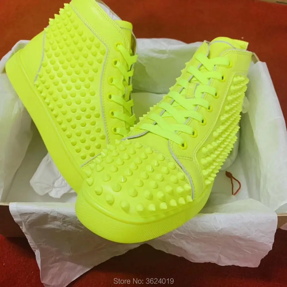 

cl andgz Full Fluorescent yellow Rivet Lace up High Top Fashion Party Red bottoms shoes for men Sneakers Leather Loafers Male