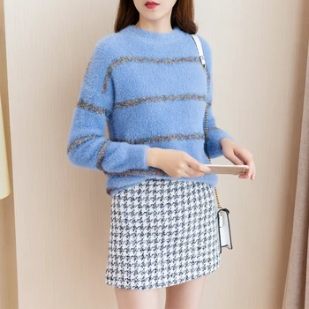 

two-piece clothing set women 2018 winter Korean fashion casual suits & plaid skirt grid short skirts loose top sweater knitwear