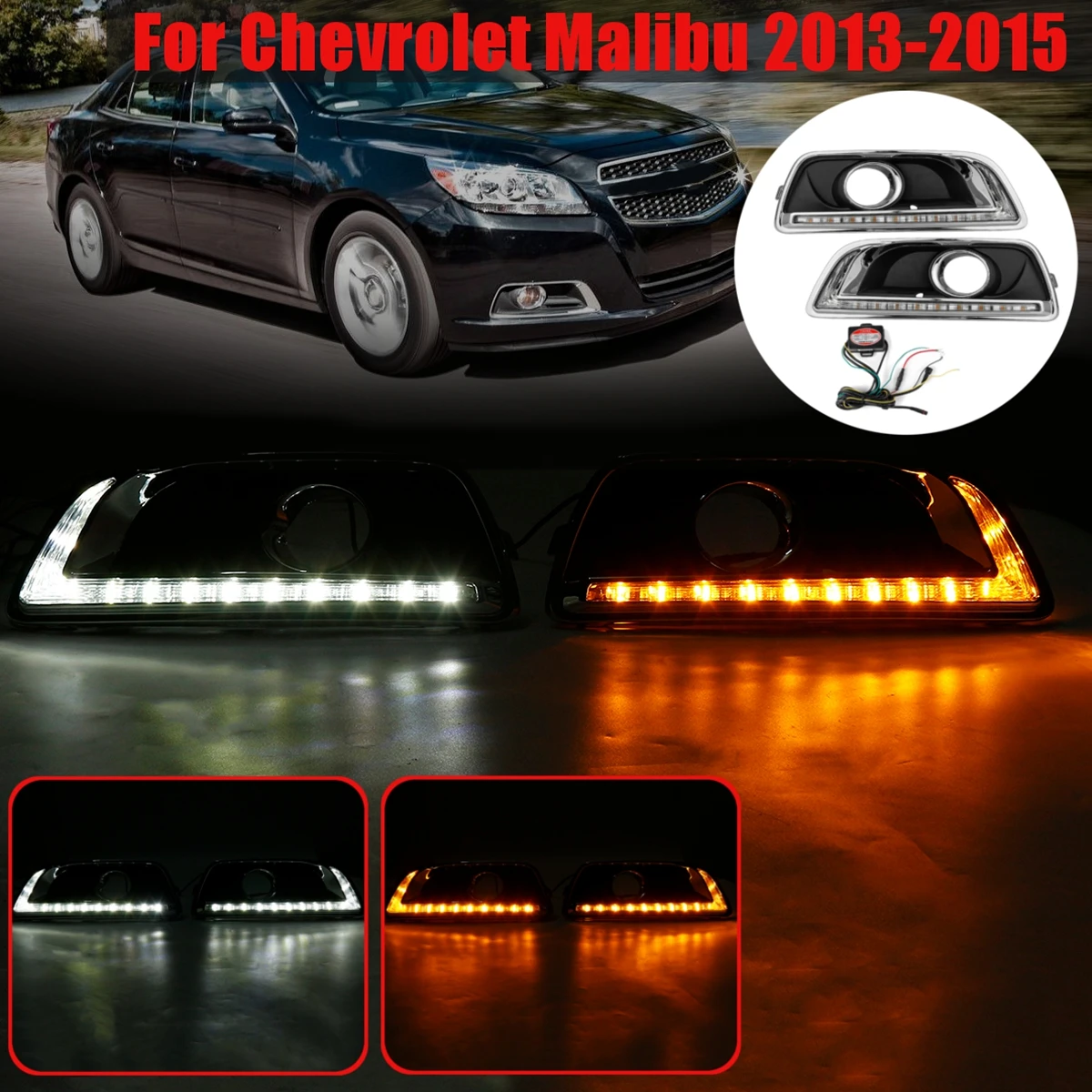 

Yellow & White Driving car DRL turn signal Daytime Running fog Light lamp Daylight styling For chevrolet Malibu 2011-13 14 2015