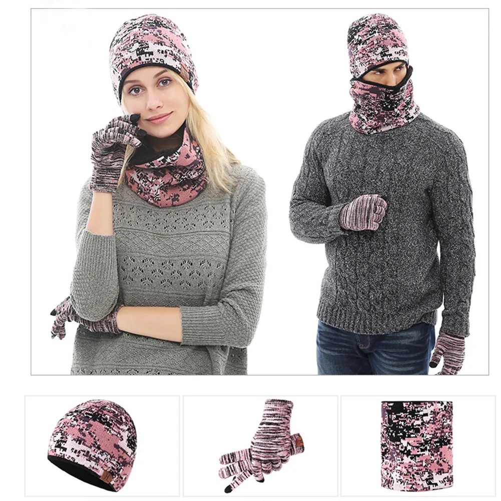

New Unisex Three Piece Set Hat+Scarf+Gloves Camouflage Warm Beanie Men Women Knitted Gloves Winter Scarves for Couples #1108